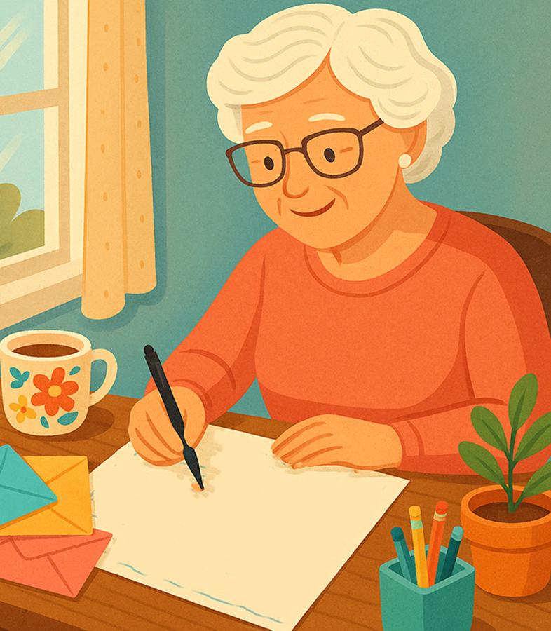 Illustration of a grandma writing a letter to her grandchild - The Grandkid Connection