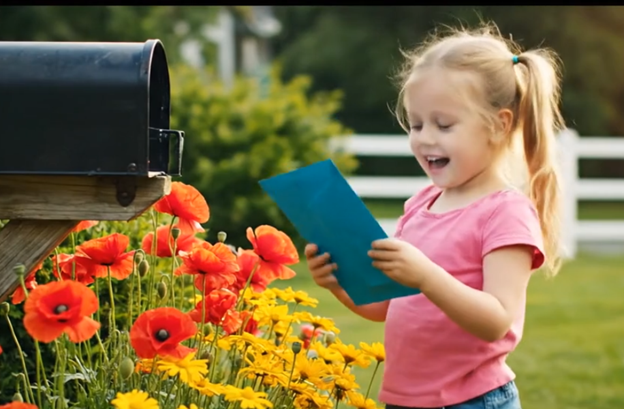 Little girl retrieving a large blue envelope from a mailbox - Back to school - The Grandkid Connection