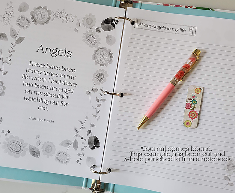 Open Grandmother's Legacy Journal with coral pen, journal entry is about angels with room to write reflections - Adventuresinnanaland.com